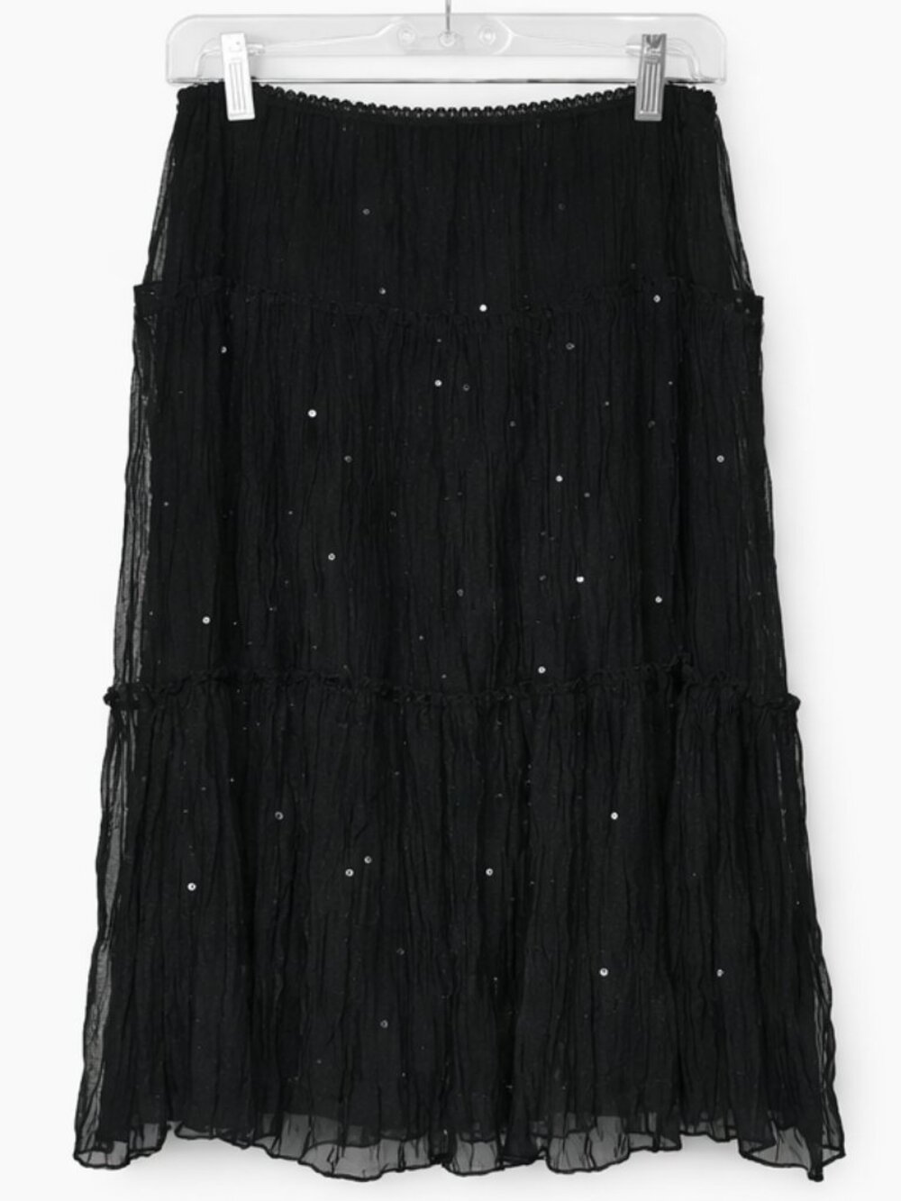 Black Flowing Sequin Midi Skirt with Sheer Overlay • EUC • Sz M